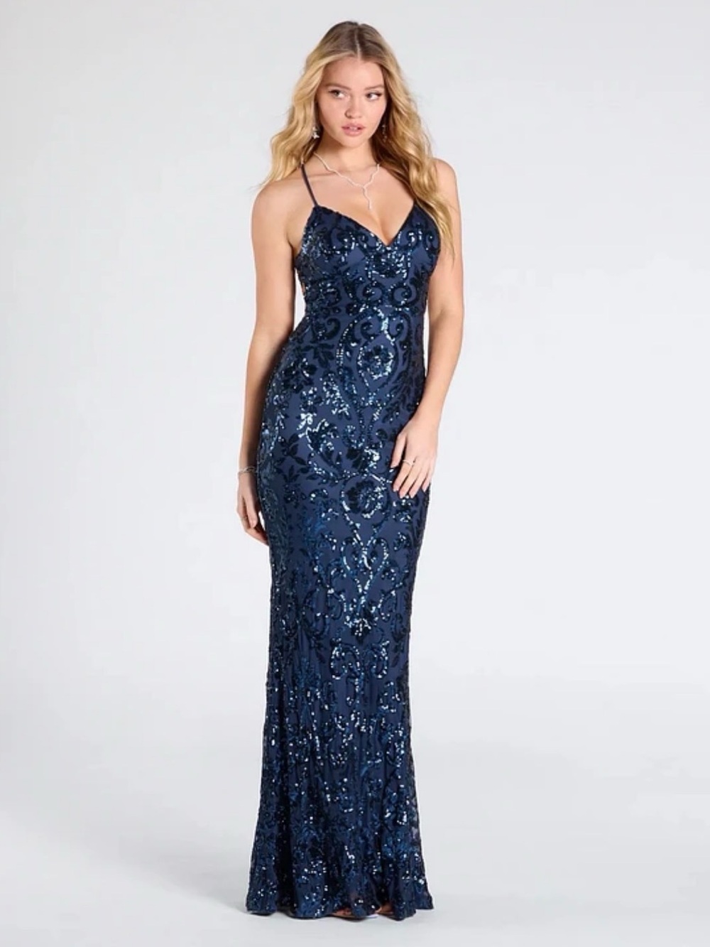 Windsor Navy Sequin Spaghetti-Strap Maxi Dress